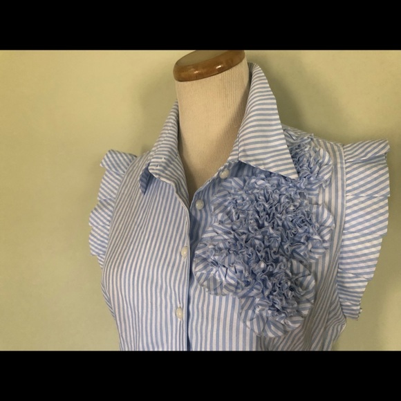 McGinn Blue -White Striped Ruffle Blouse Sz: 8 💙 - Picture 2 of 8